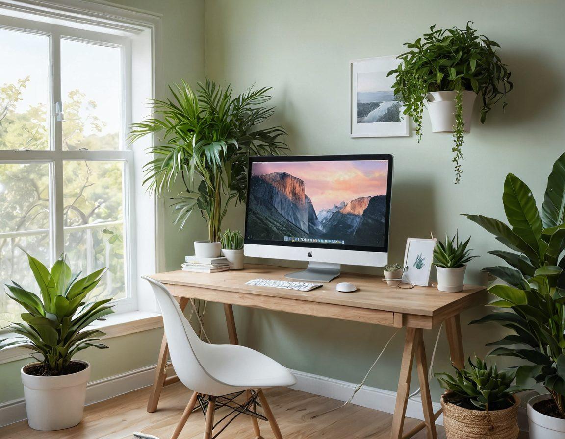 A tranquil workspace featuring a visually appealing monitor with calming nature scenes on the screen, surrounded by soft ambient lighting, potted plants, and an organized desk. The overall atmosphere should evoke a sense of peace and joy, highlighting the balance between technology and nature. Super-realistic. Soft pastel colors. Bright, airy background.
