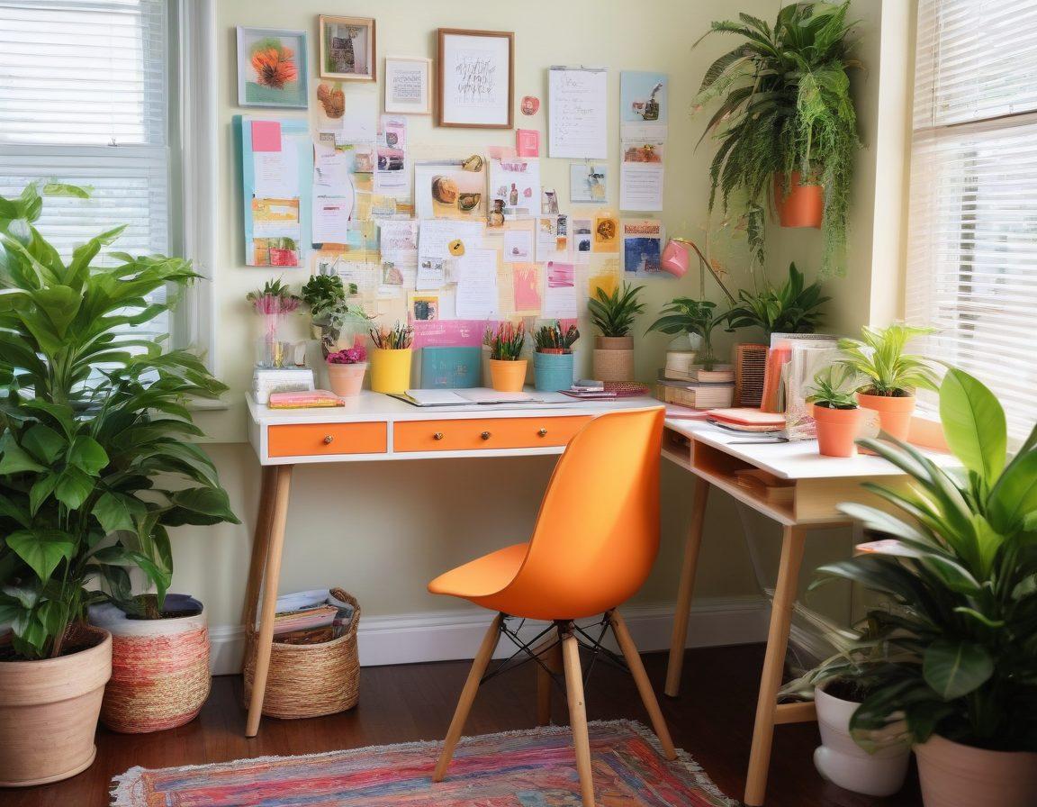 A beautifully arranged desk featuring vibrant plants, colorful stationery, and inspirational quotes on the wall. The workspace is well-lit with natural sunlight filtering through a window, creating a warm and inviting atmosphere. Incorporate a cozy chair and personal touches like photos or art pieces to reflect joy and creativity. super-realistic. vibrant colors. soft focus.
