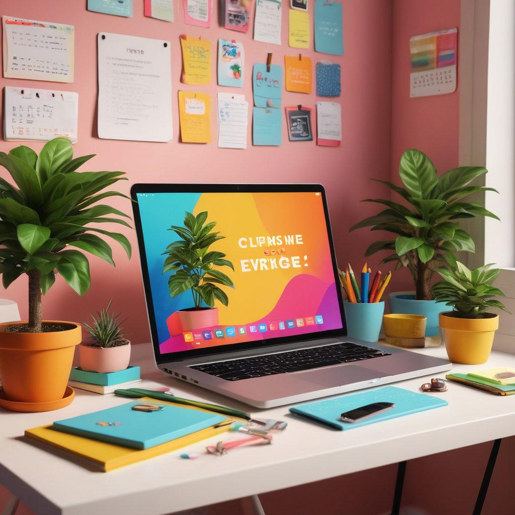 A cozy and colorful digital workspace featuring a bright desk with a cheerful potted plant, an open laptop displaying uplifting graphics, colorful stationery scattered around, and motivational quotes on the wall. The atmosphere should exude positivity and creativity, with warm lighting enhancing the inviting feel. super-realistic. vibrant colors. 3D.